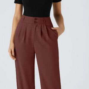 High Waisted Button Zipper Side Pocket Shirred Straight Leg Work Pants